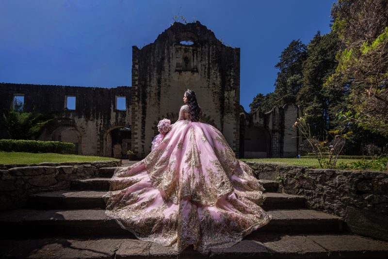 Sesión de XV años vestido palo de rosa en el desierto de los leones CDMX