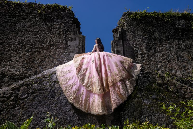 Sesión de XV años vestido palo de rosa en el desierto de los leones CDMX